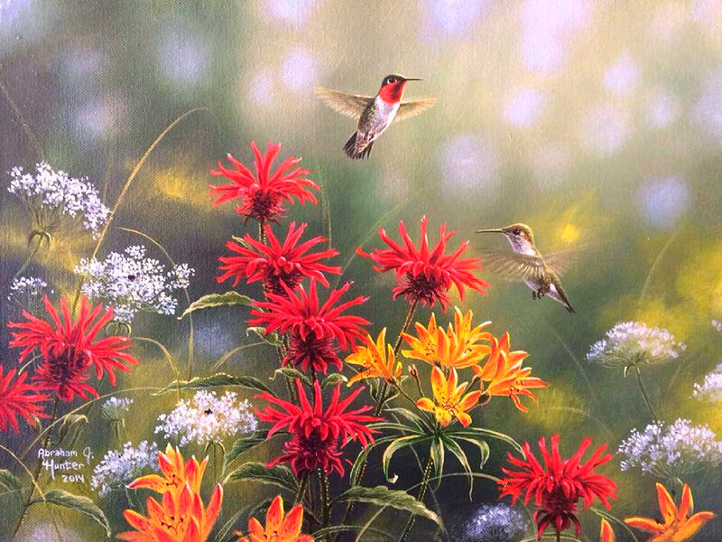 Hummingbirds and Flowers — Red, Serene