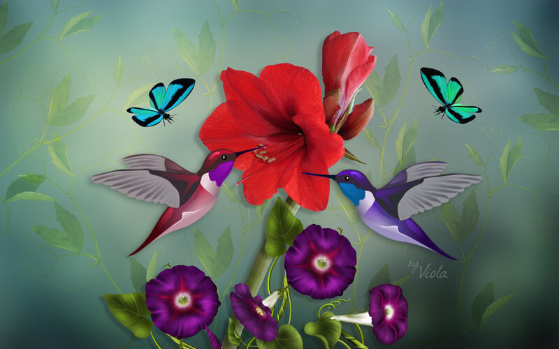 Hummingbirds and Flowers — Red