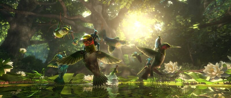 hummingbirds in a forest pond