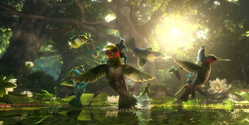 hummingbirds in a sunlit forest