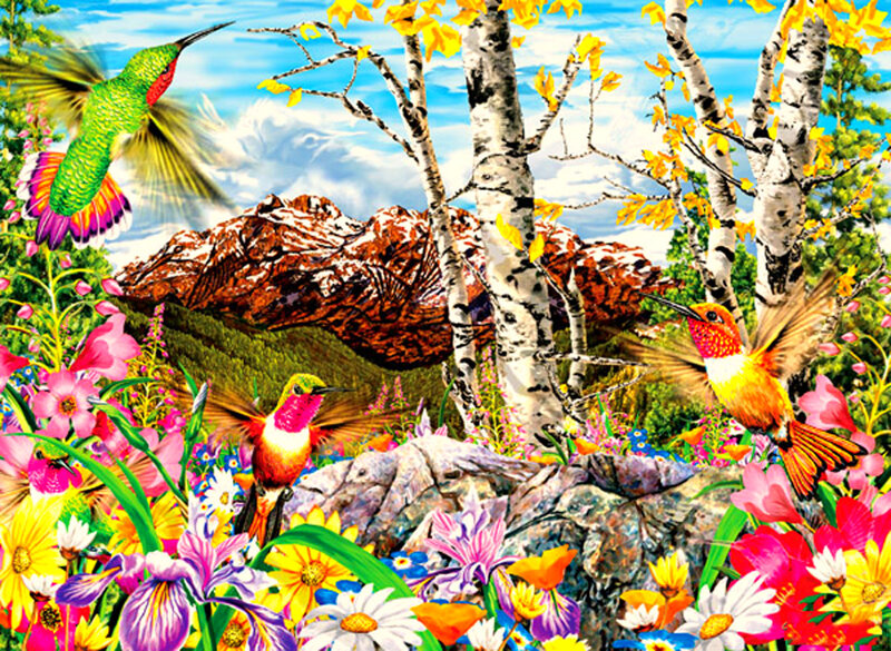 Hummingbirds in Flowers — Green