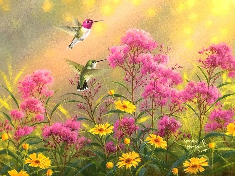 Hummingbirds in Flowers — Pink, Serene