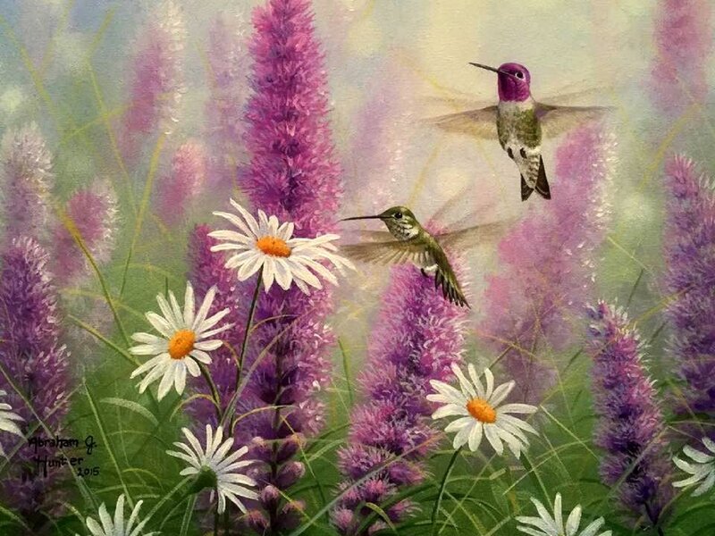 Hummingbirds in Flowers — Purple, Serene