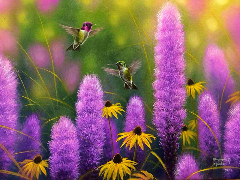 Hummingbirds in Flowers — Purple
