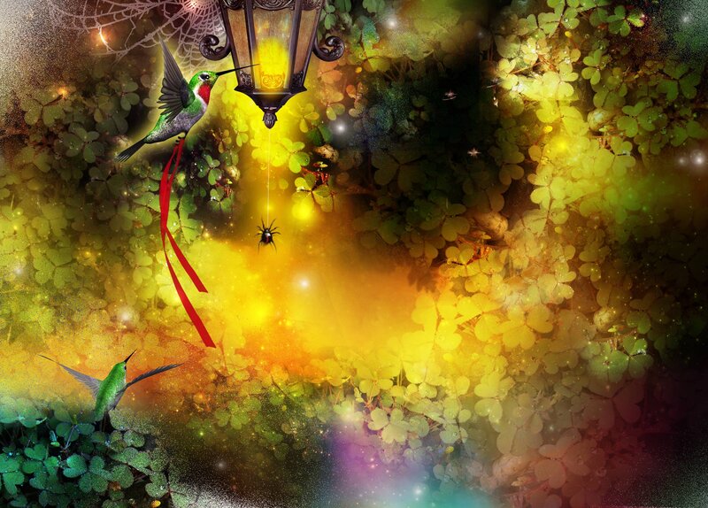 Hummingbirds in Garden — Green, Magical