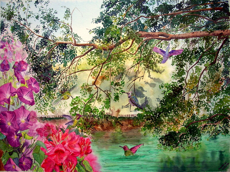 Hummingbirds in Garden — Green