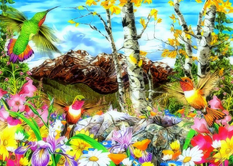 Hummingbirds in Garden — Green, Vibrant