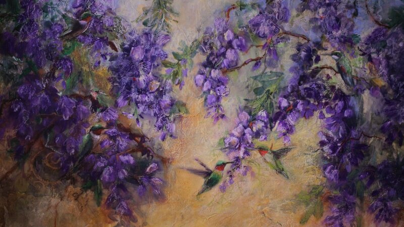 Hummingbirds in Purple Flowers — Serene