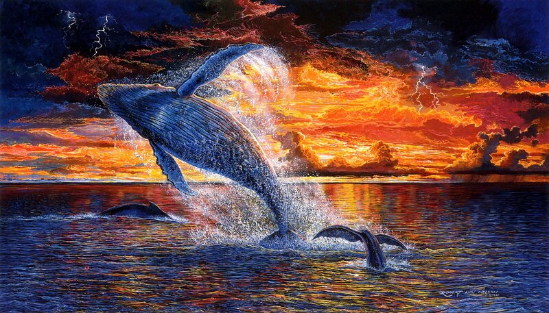 Humpback Whale Breaching — Orange, Dramatic, Sunset