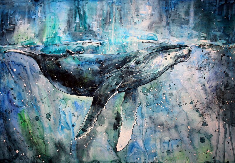 Humpback Whale Swimming — Blue, Serene, Painting