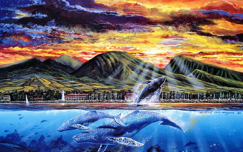 Humpback Whales Breaching — Blue