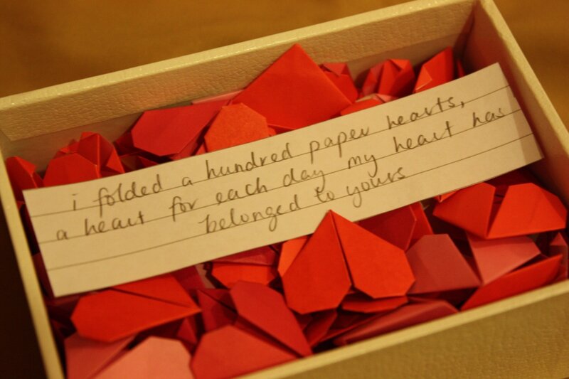 hundred paper hearts in a box