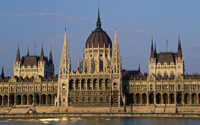 Hungarian Parliament Building — Blue, Serene, Sunset, Photograph, Dome