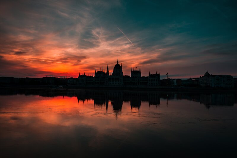 Hungarian Parliament Building — Orange, Dramatic, Sunset