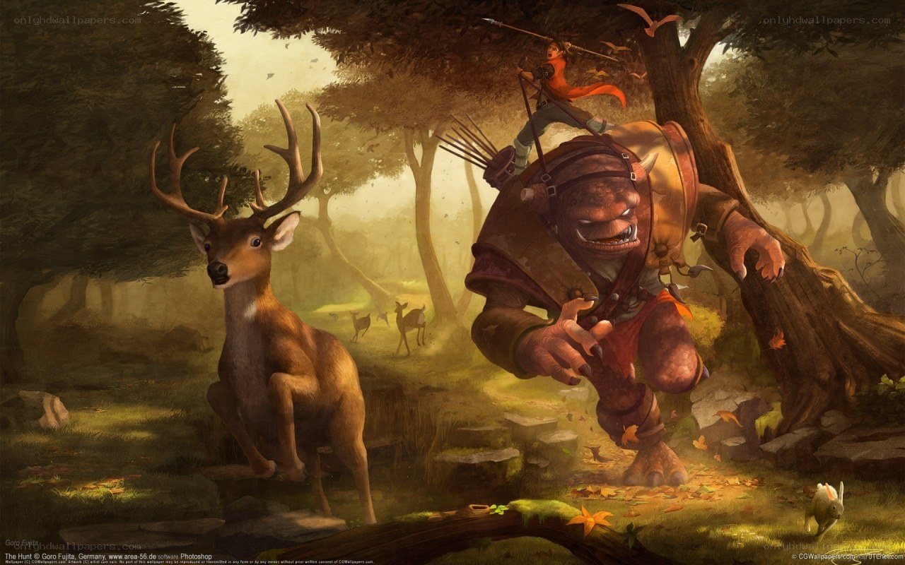 Hunter and deer in forest