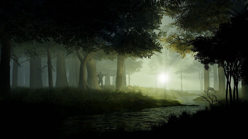 Hunter in a misty forest