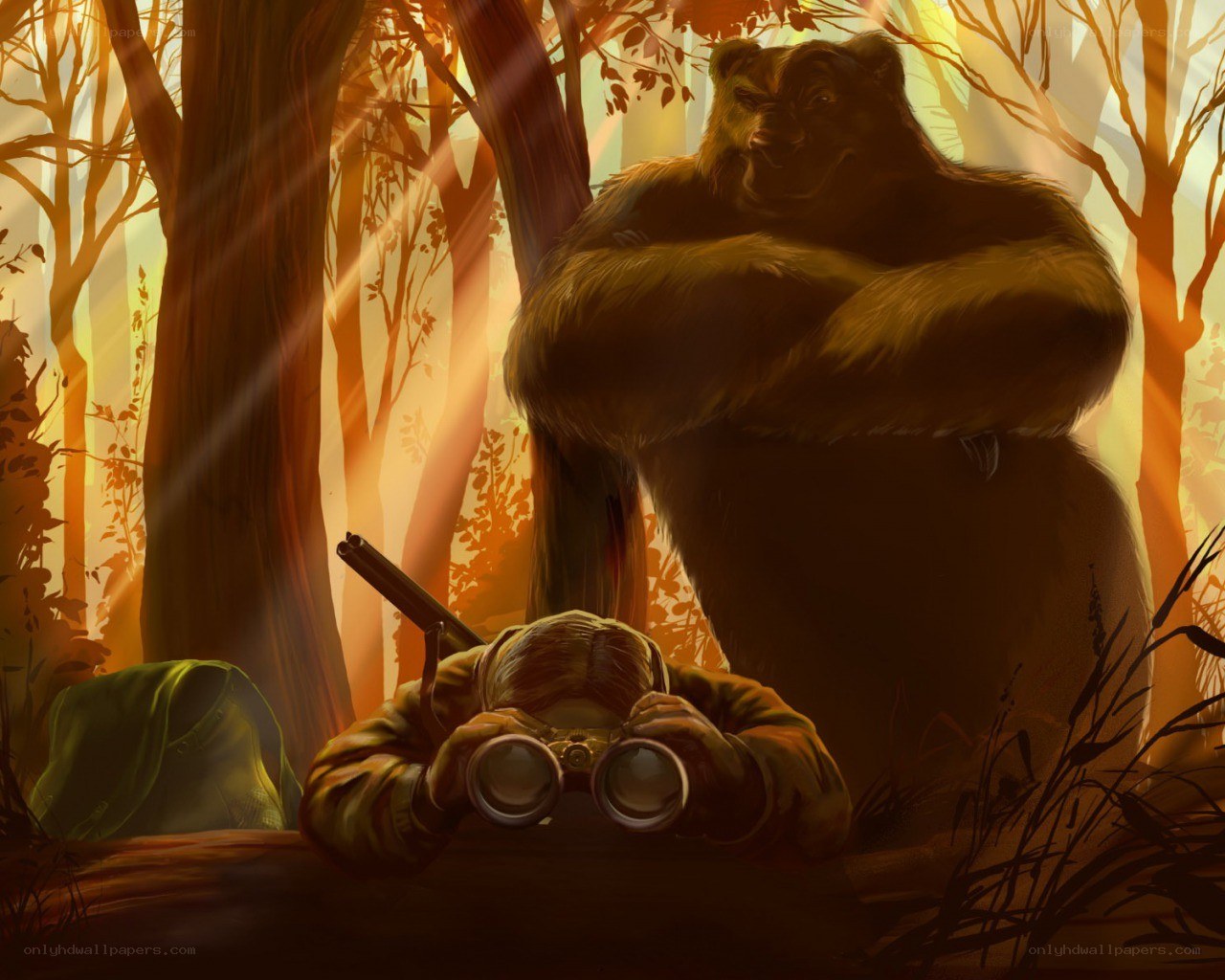Hunter observes bear in forest