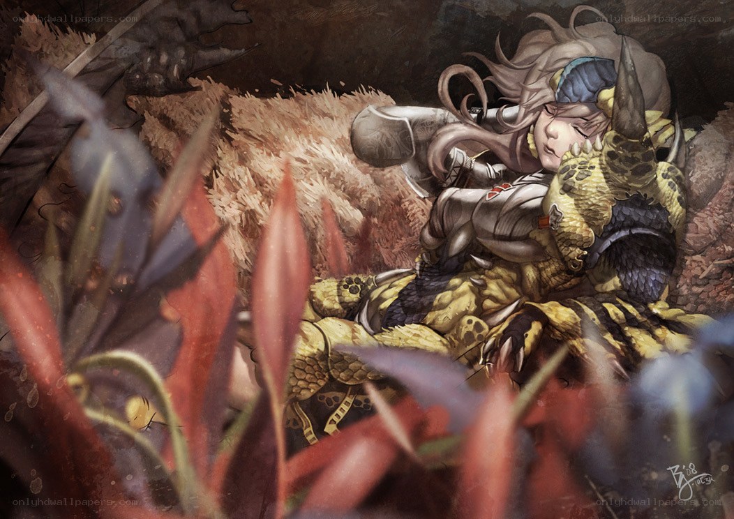 Hunter resting with monster