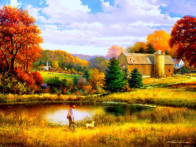 Hunter with Dog by Pond