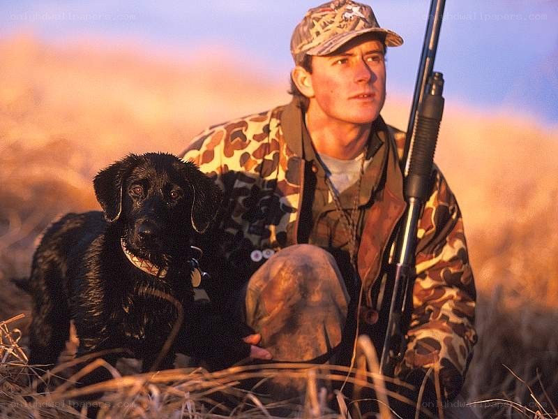 Hunter with dog in field