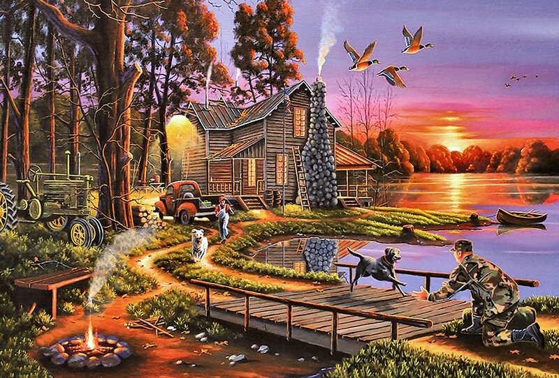 Hunter with Dogs at Cabin
