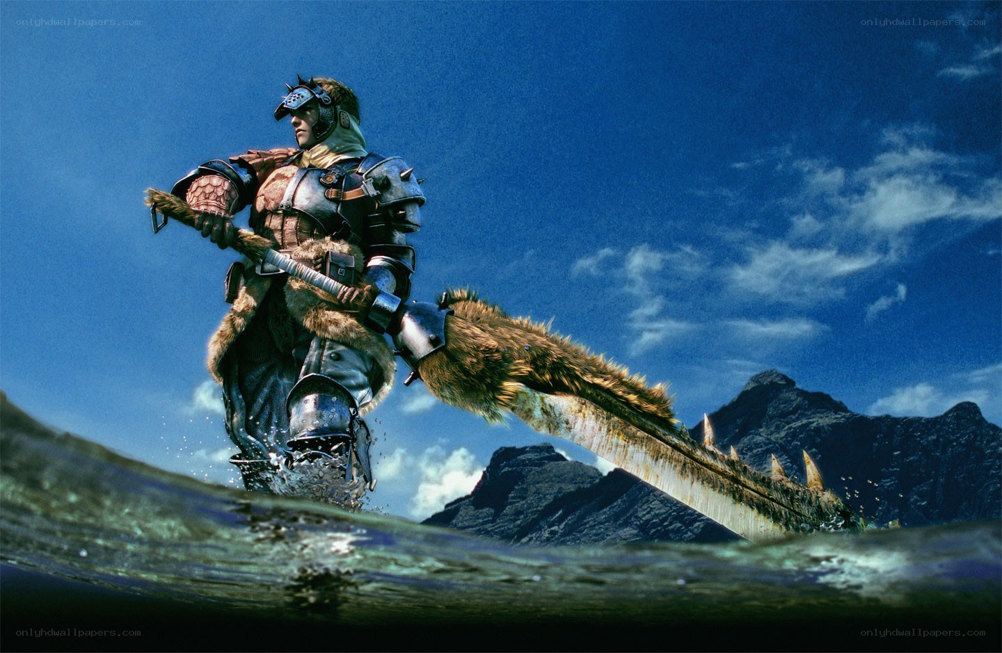 Hunter with large sword in water