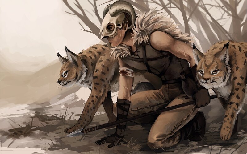 Hunter with lynx companions