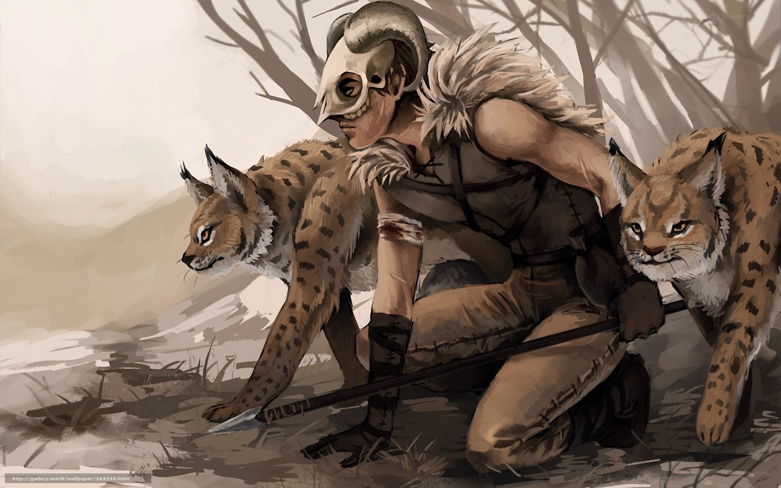 Hunter with lynx companions