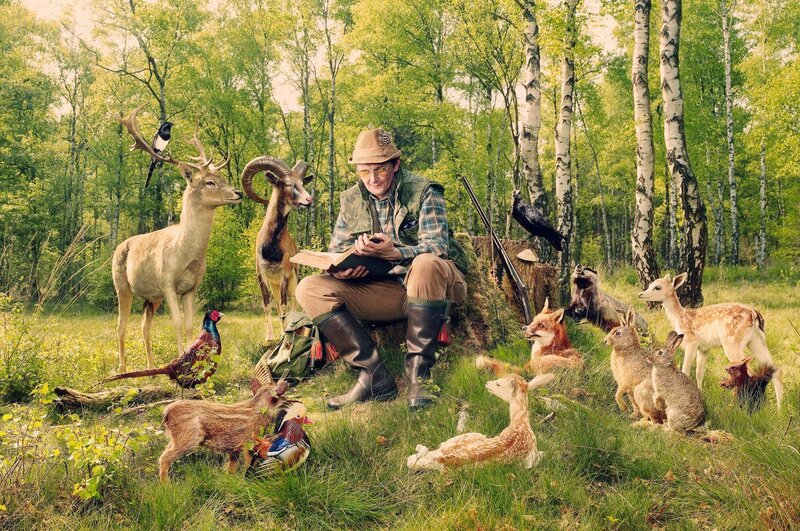 Hunter with Taxidermy Animals
