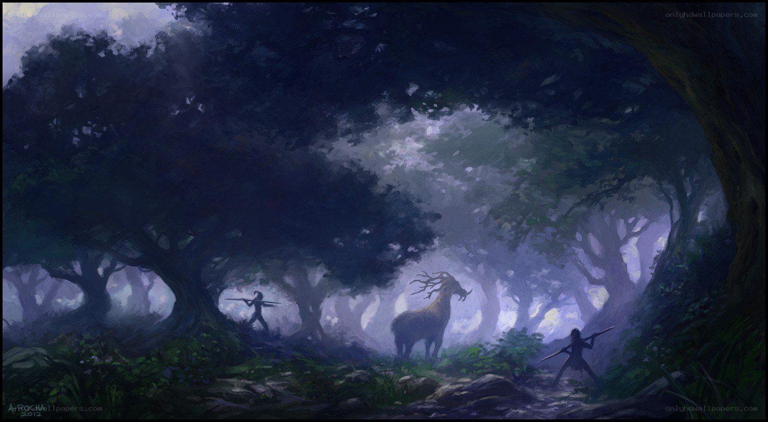 hunters in a misty forest