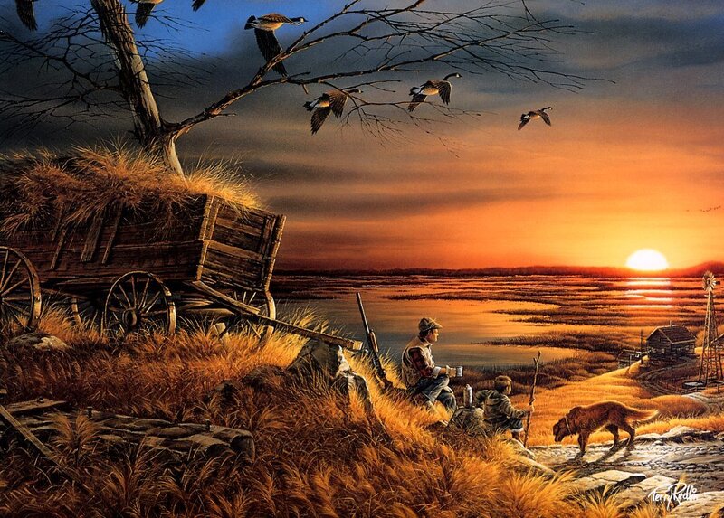 Hunters with Dog at Sunset