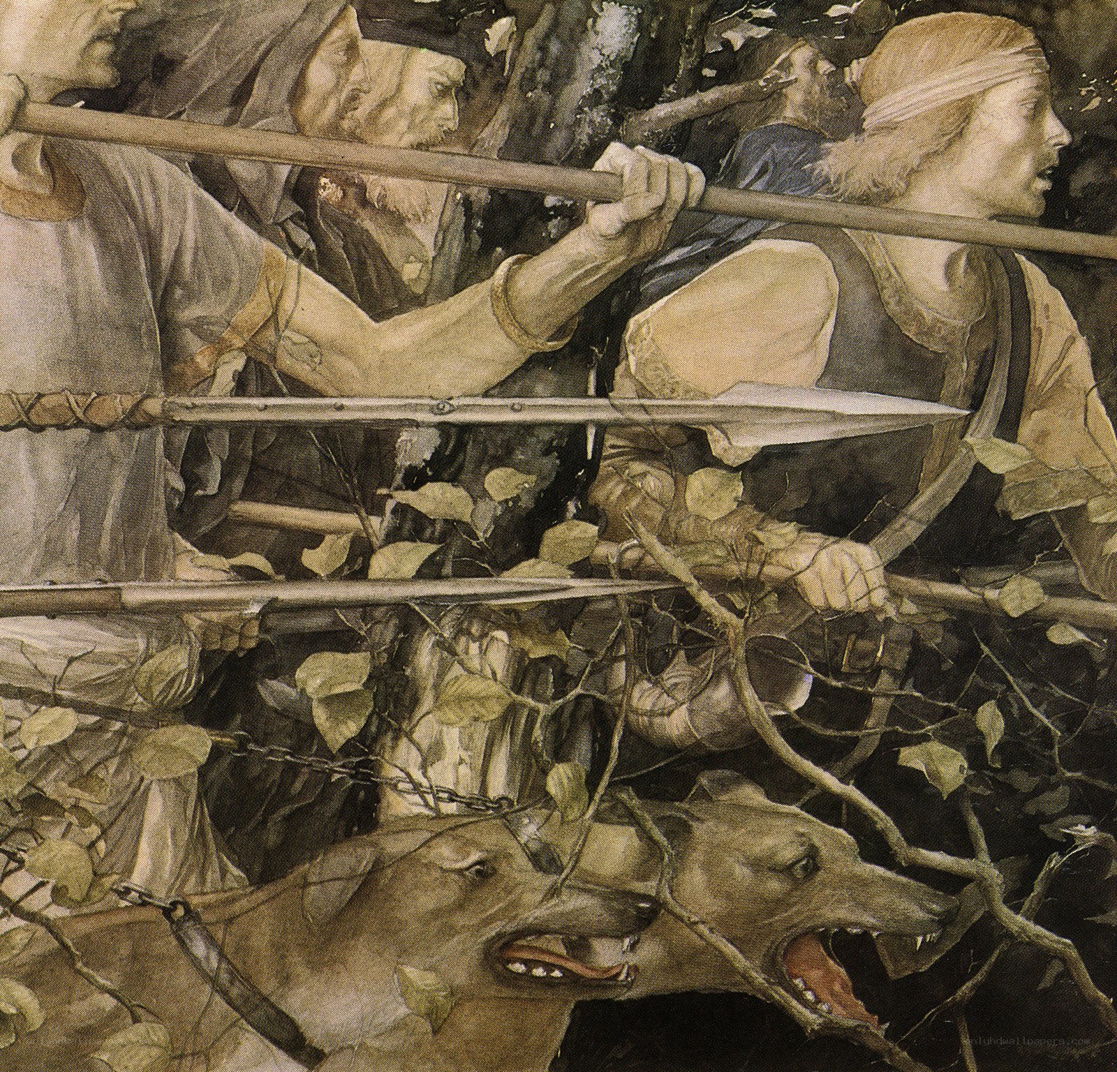hunters with dogs in forest