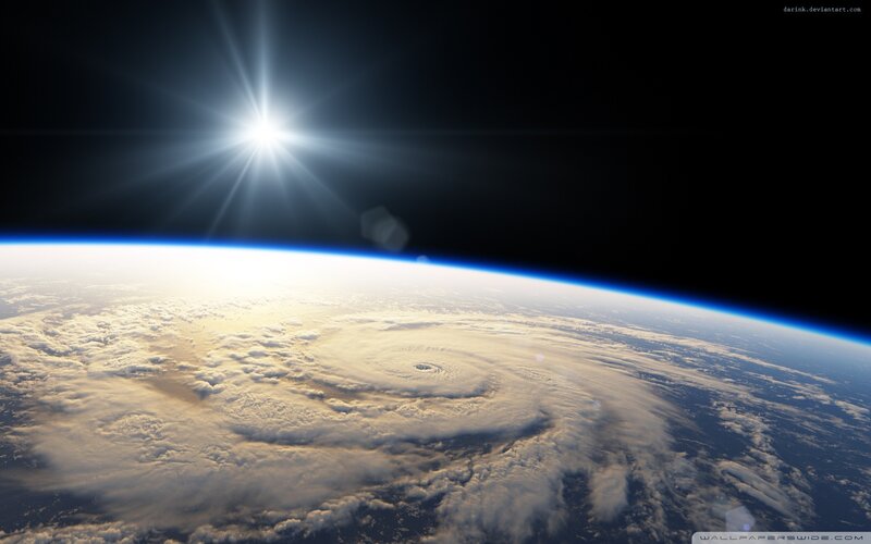 Hurricane from Space — Blue, Dramatic, Digital Art, Sun, Clouds, Earth