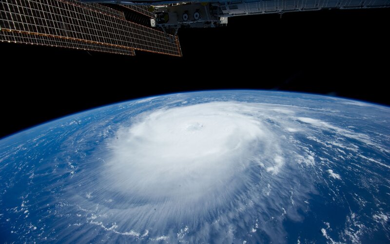 Hurricane from Space — Blue, Dramatic, Photograph, Satellite, Earth, Clouds, White, Black