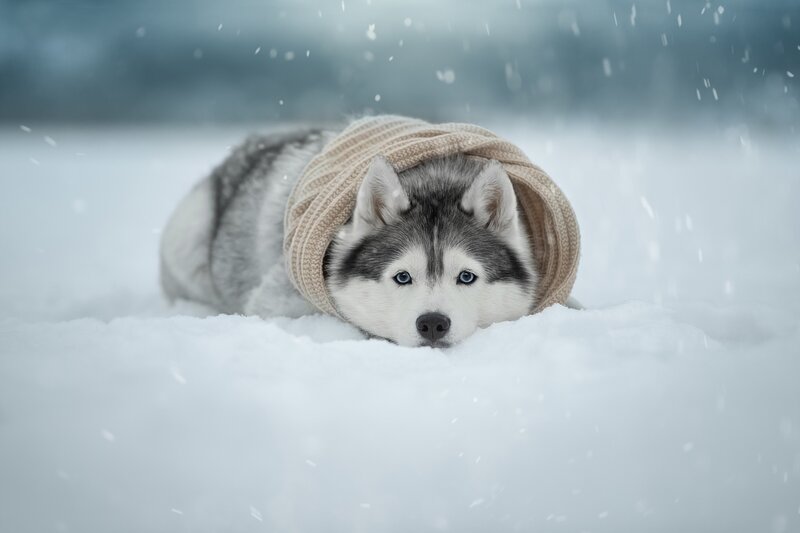 Husky Puppy in Snow — White, Calm, Winter, Photograph, Hat