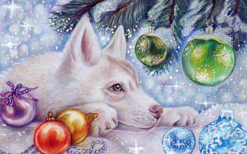 Husky Puppy with Ornaments