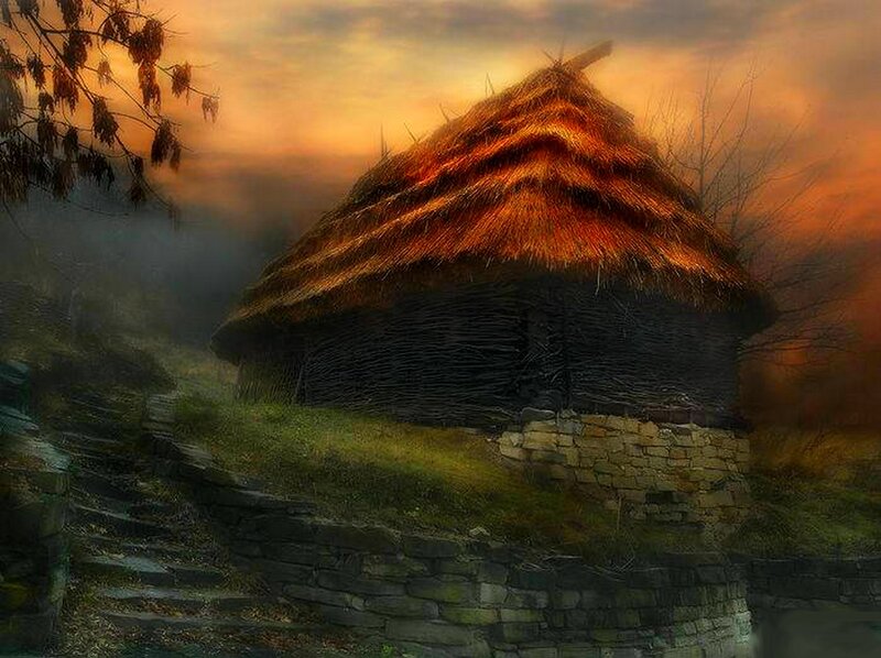 Hut at sunset on a hill