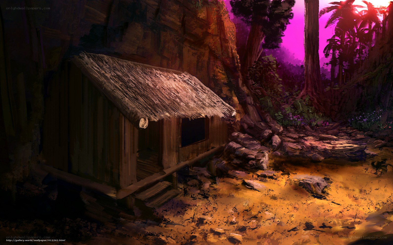 Hut in a jungle at sunset