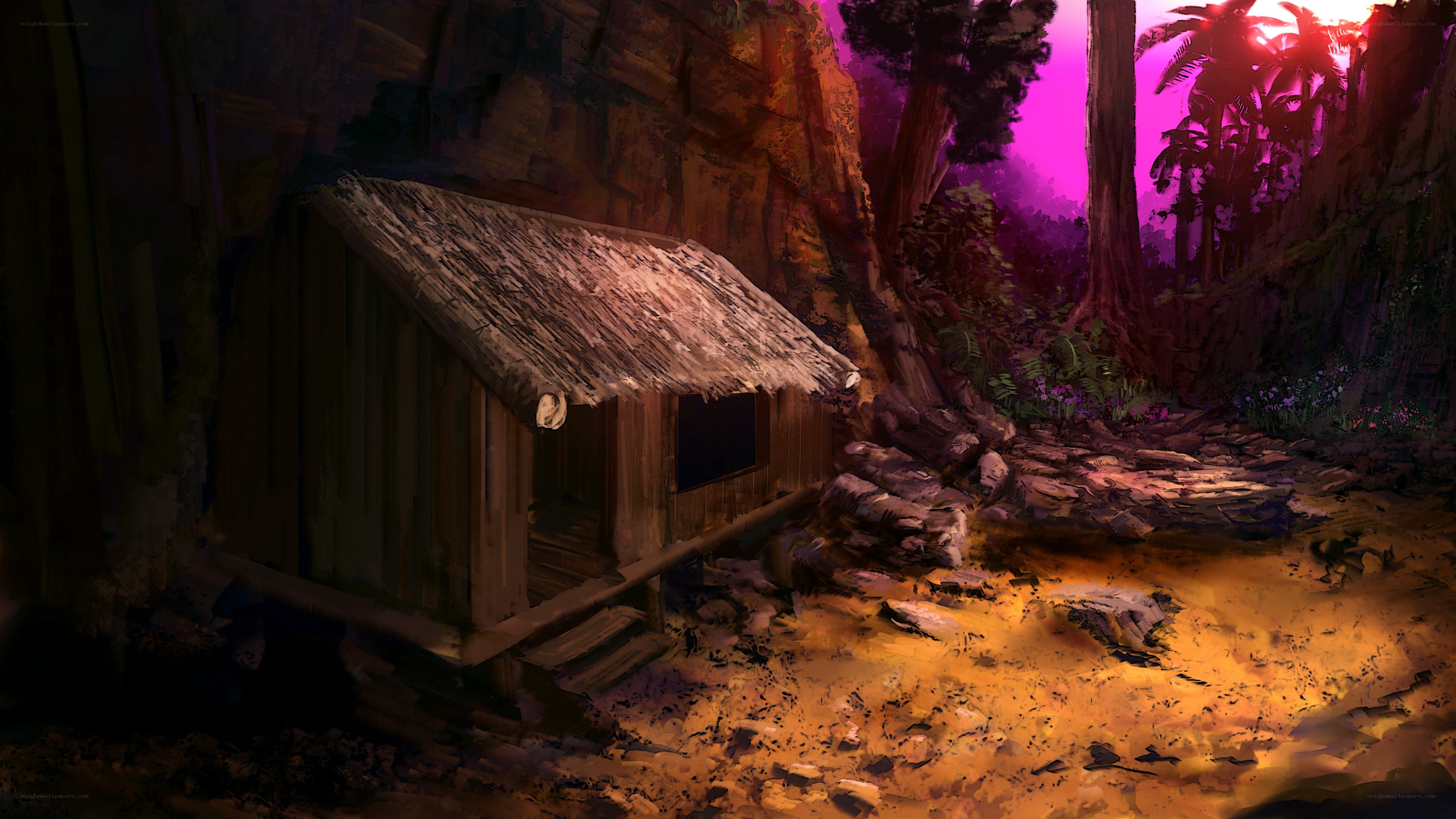hut in a purple forest