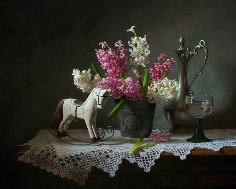 Hyacinth Flowers in Vase — White, Dramatic