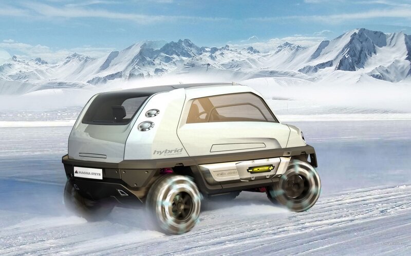 Hybrid vehicle in snowy landscape