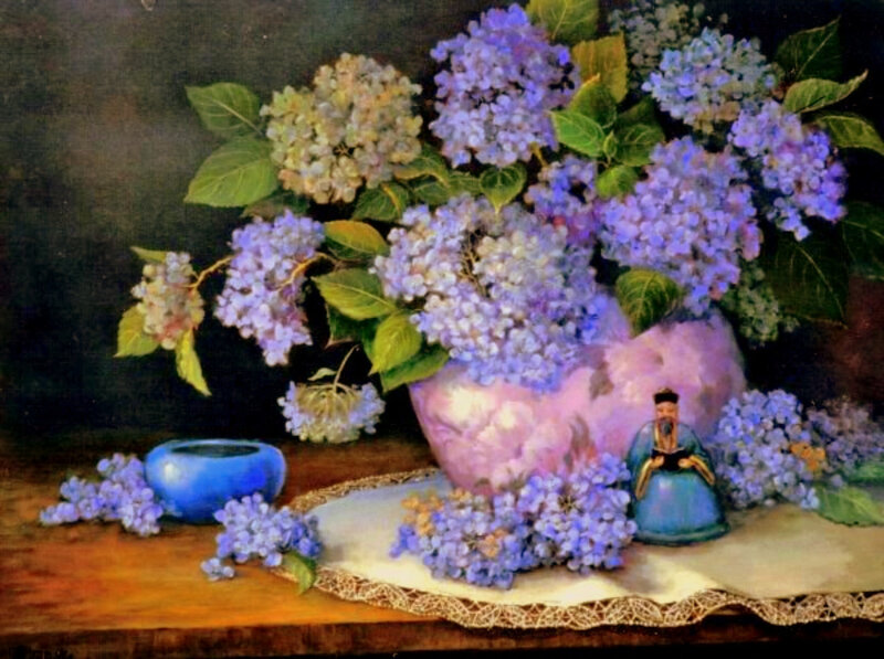 Hydrangea Bouquet in Vase — Purple, Serene, Painting