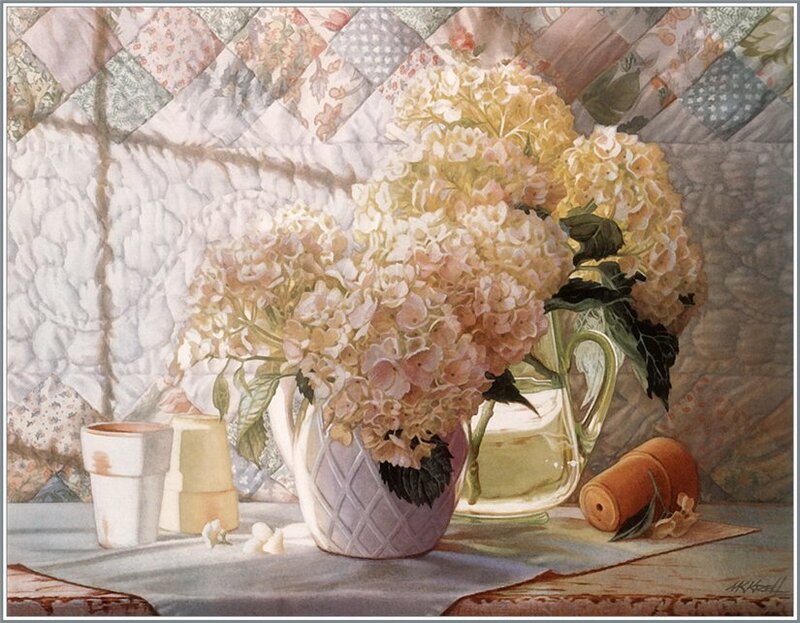 Hydrangeas in a Quilted Room