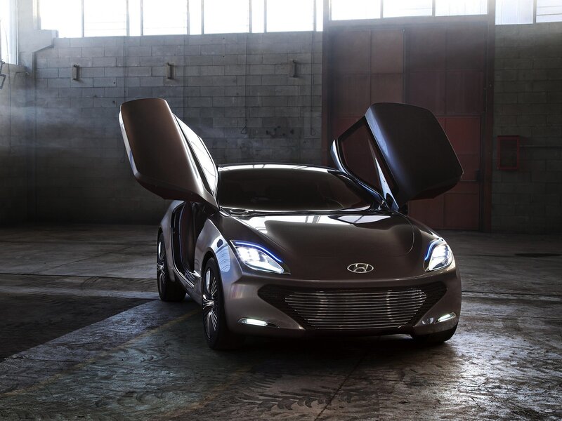 Hyundai Concept Car — Gray, Dramatic, Photograph, Car Door, Headlights