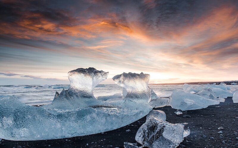 Ice Blocks on Black Sand — Blue