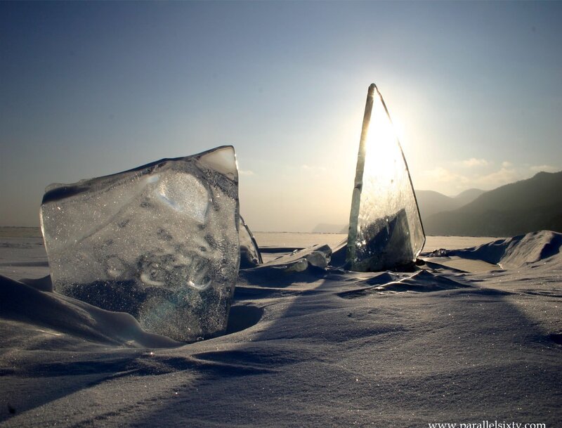 Ice blocks on frozen lake