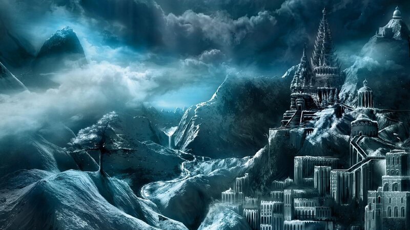 Ice Castle in Mountains — Blue, Dramatic, Night, Digital Art, Clouds