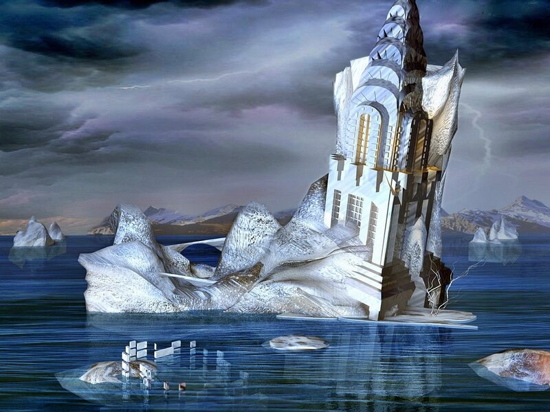 ice castle in stormy sea