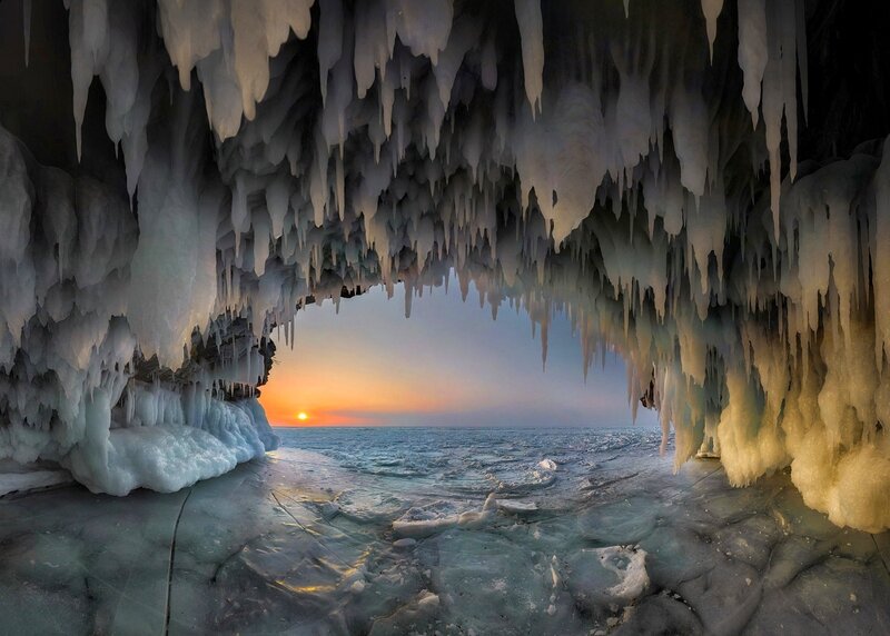 Ice Cave Entrance — White, Serene, Sunset