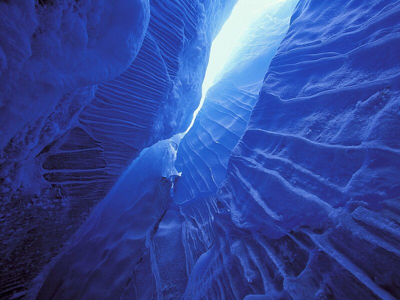Ice Cave Interior — Blue, Dramatic, Photograph, Light, Snow